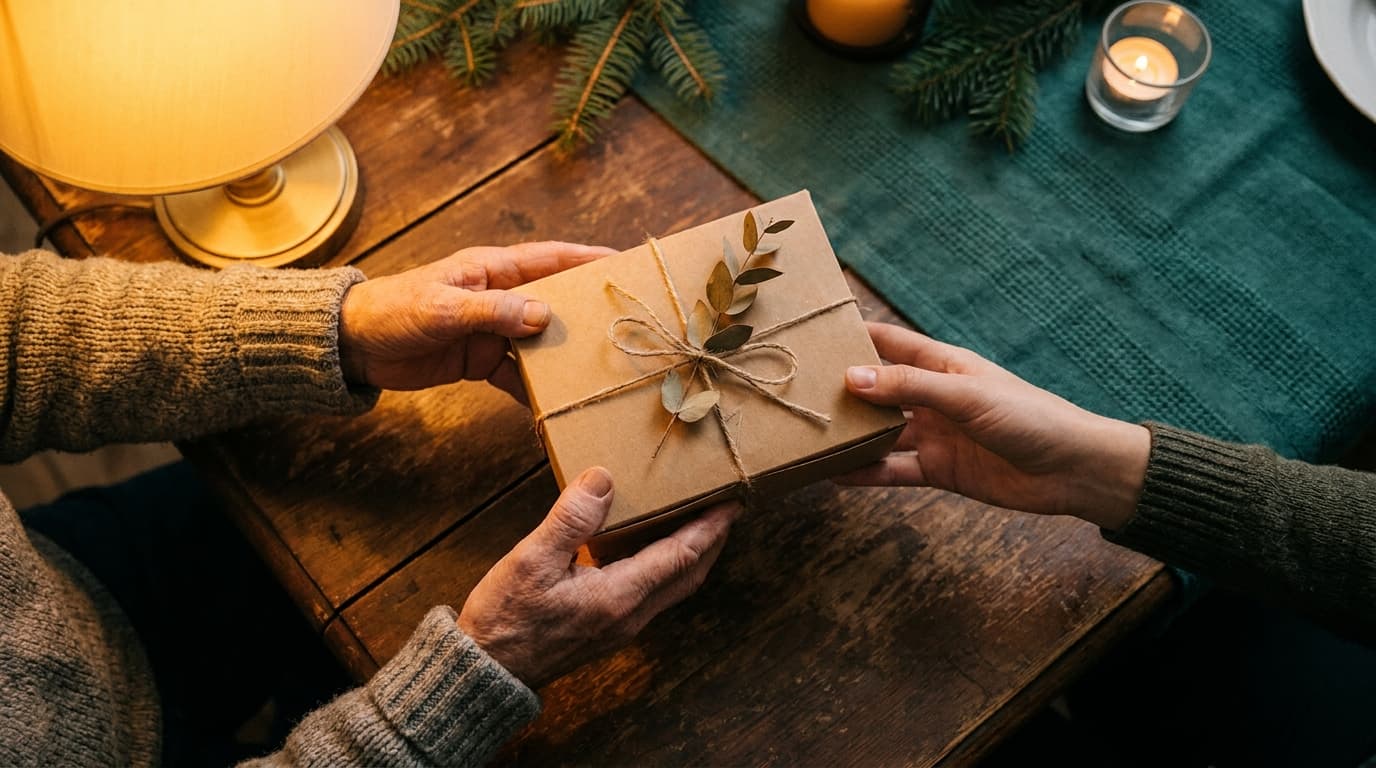 Hands passing a wrapped gift, evoking community generosity